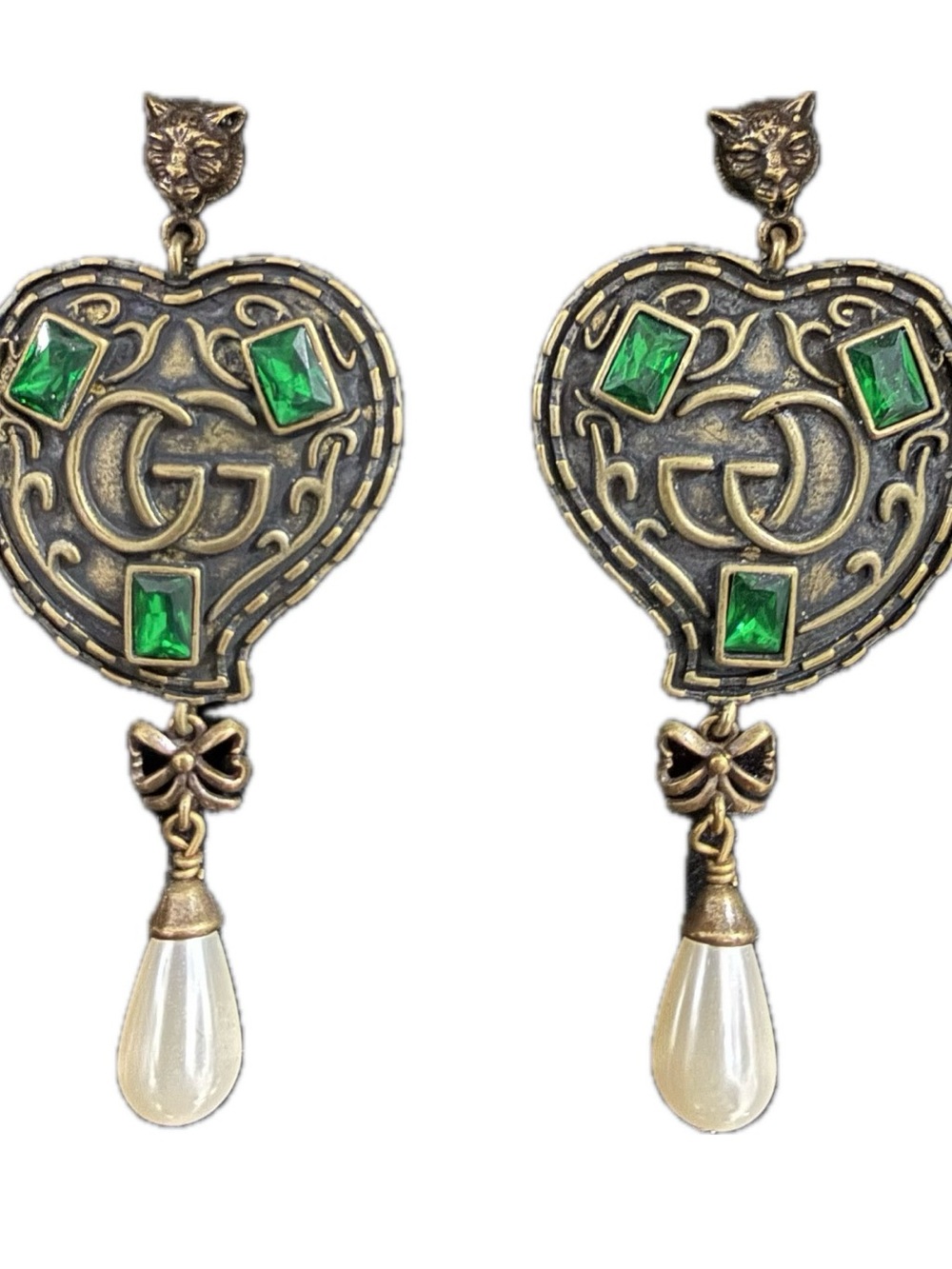 Gucci Vintage Heart Drop Earrings with Green Stone and Pearl Accents